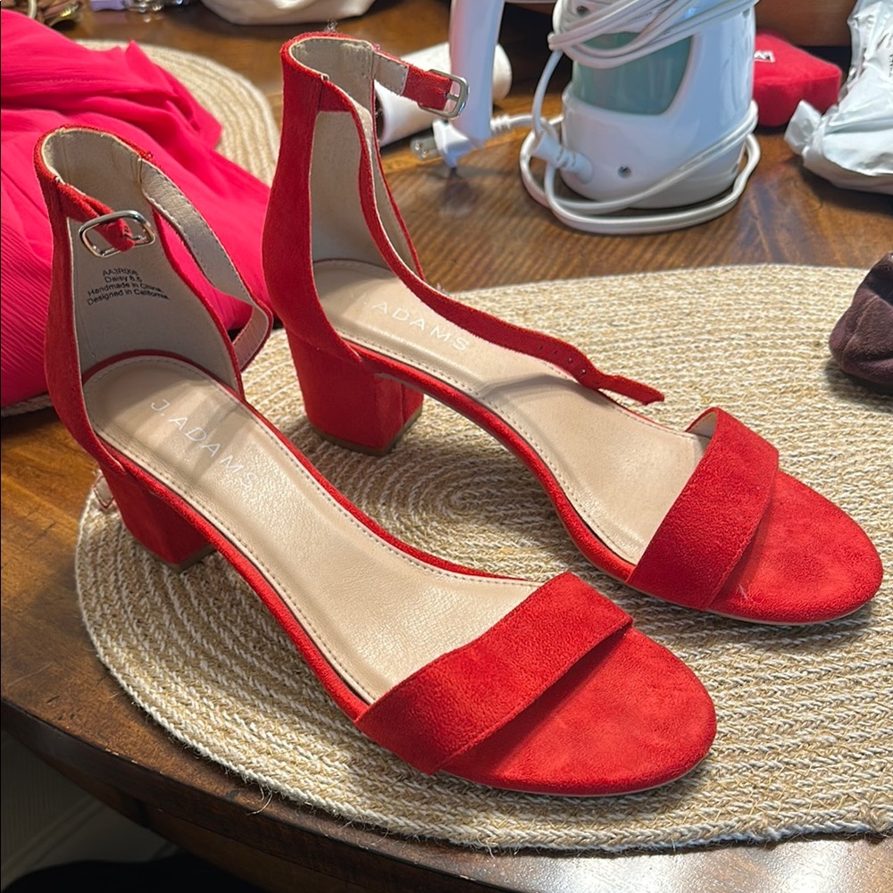 Red Suede Block Heel Sandals